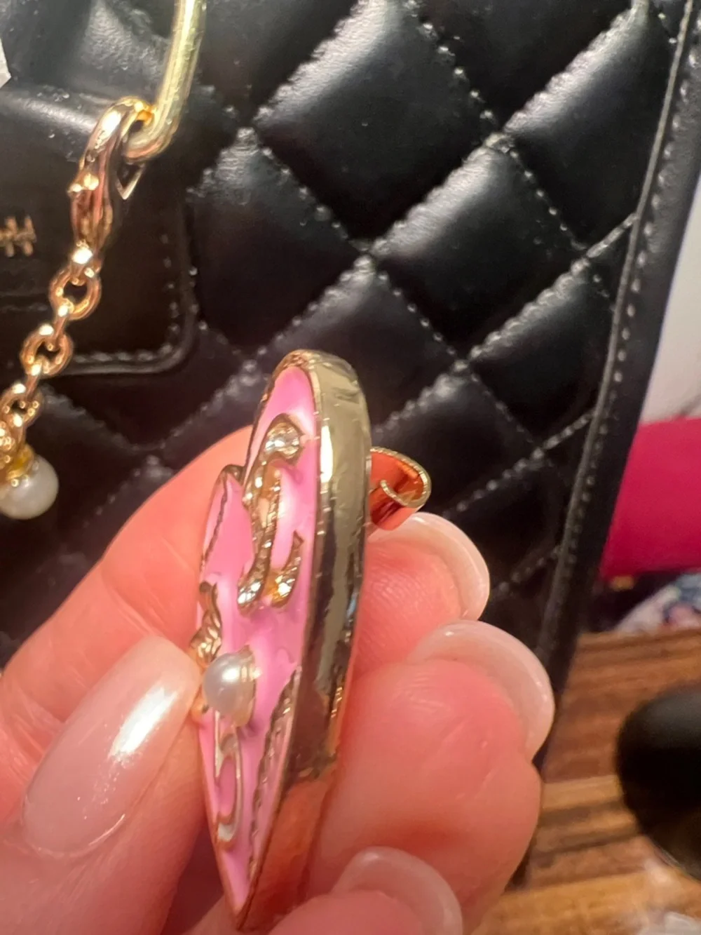 Pink Heart C Inspired Enamel Brooch with Pearl Accent - Picture 4 of 7